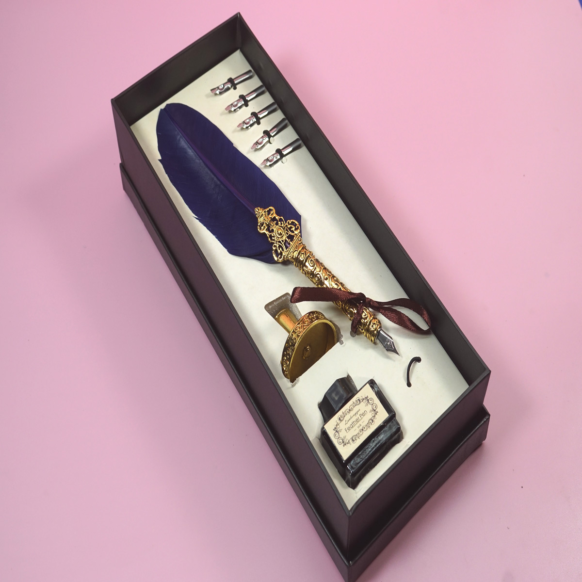 Penhouse.in Feather Pen Dark Blue Color Feather Gold Grip  Calligraphy Writing Dip Pen 5 Nibs With Ink Bottle with Gold Color Stand SKU 28364