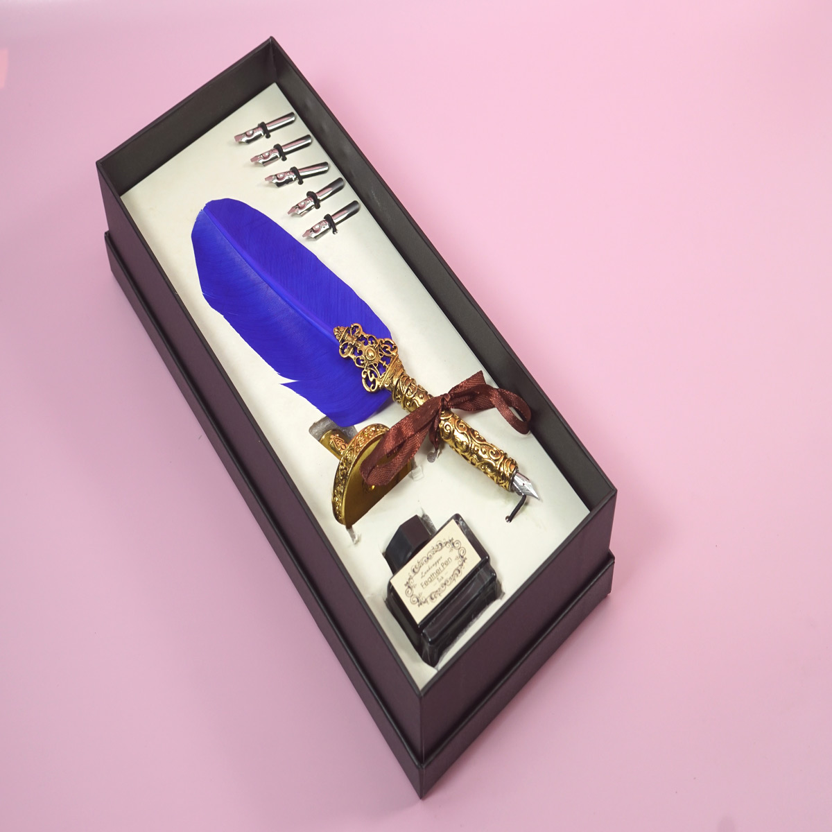 Penhouse.in Feather Pen Blue Color Feather Gold Grip  Calligraphy Writing Dip Pen 5 Nibs With Ink Bottle with Gold Color Stand SKU 28365