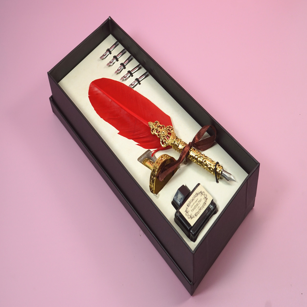 Penhouse.in Feather Pen Red Color Feather Gold Grip  Calligraphy Writing Dip Pen 5 Nibs With Ink Bottle with Gold Color Stand SKU 28366