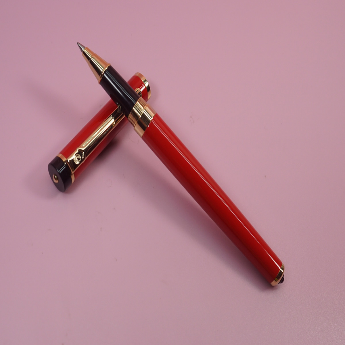Pimio 908 Glossy Red Color Body and Cap with Gold Clip Black Grip Roller Ball Pen SKU 28375