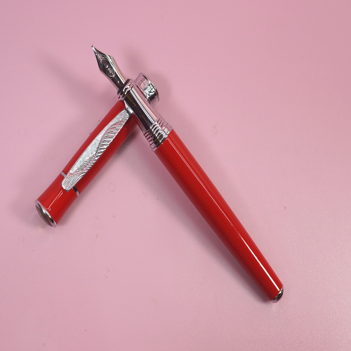 Pimio 607 Glossy Red Color Body and Cap with silver Clip Grip Fine Nib Converter Type Fountain Pen SKU 28377