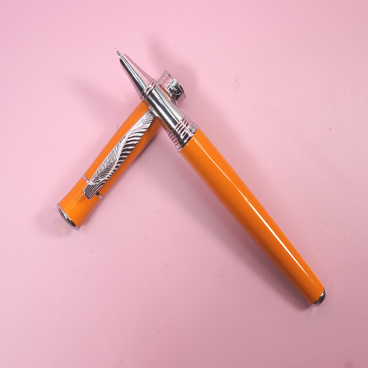 Pimio 607 Glossy Orange Color Body and Cap with silver Clip Grip Fine Nib Converter Type Fountain Pen SKU 28378