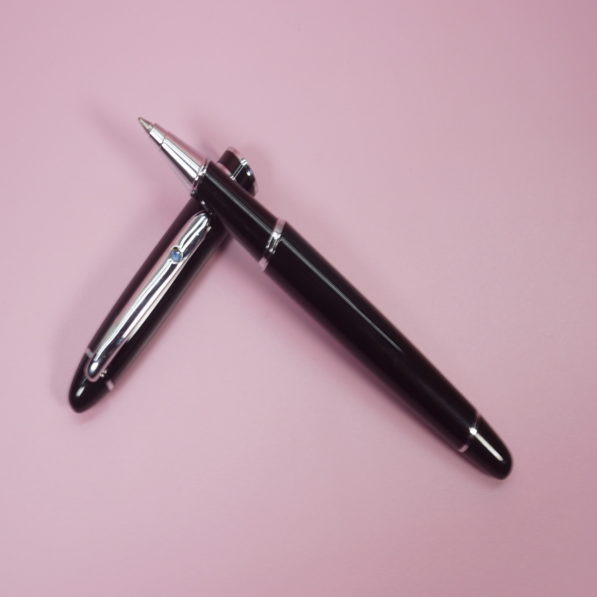 Pimio 608 Glossy Block Color Body and Cap with Silver Clip On Blue Stone Roller Ball Pen  SKU 28382
