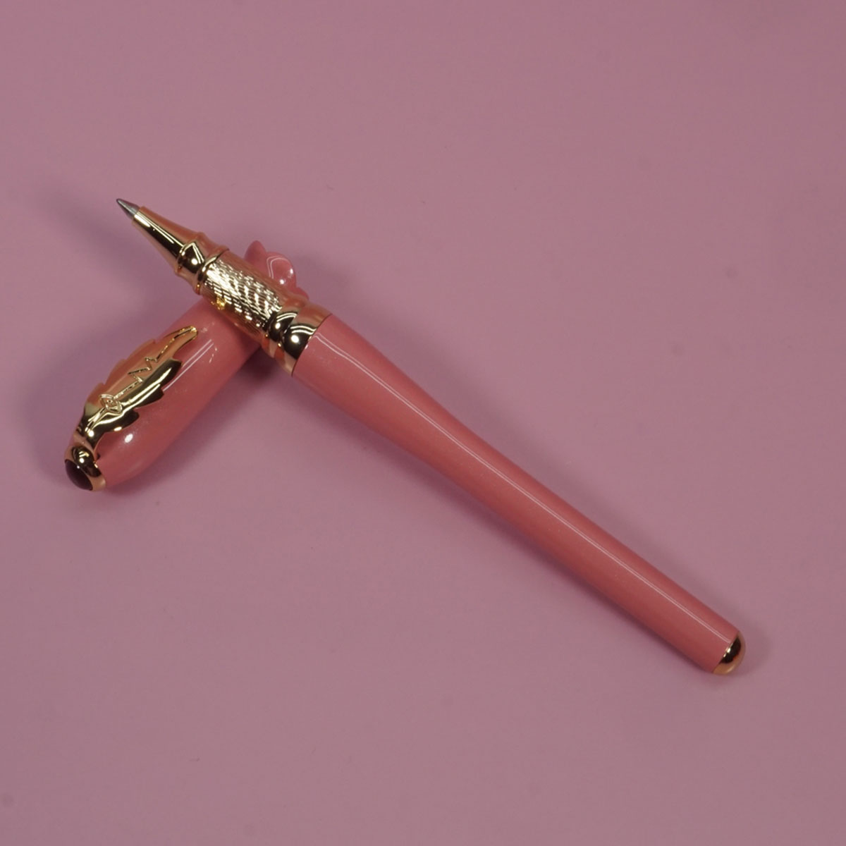 Pimio 986 Glossy Pink Color Body And Gold Leaf Clip Designed Shape Blooming Flower Cap Fine Tip Roller Ball Pen SKU 28388