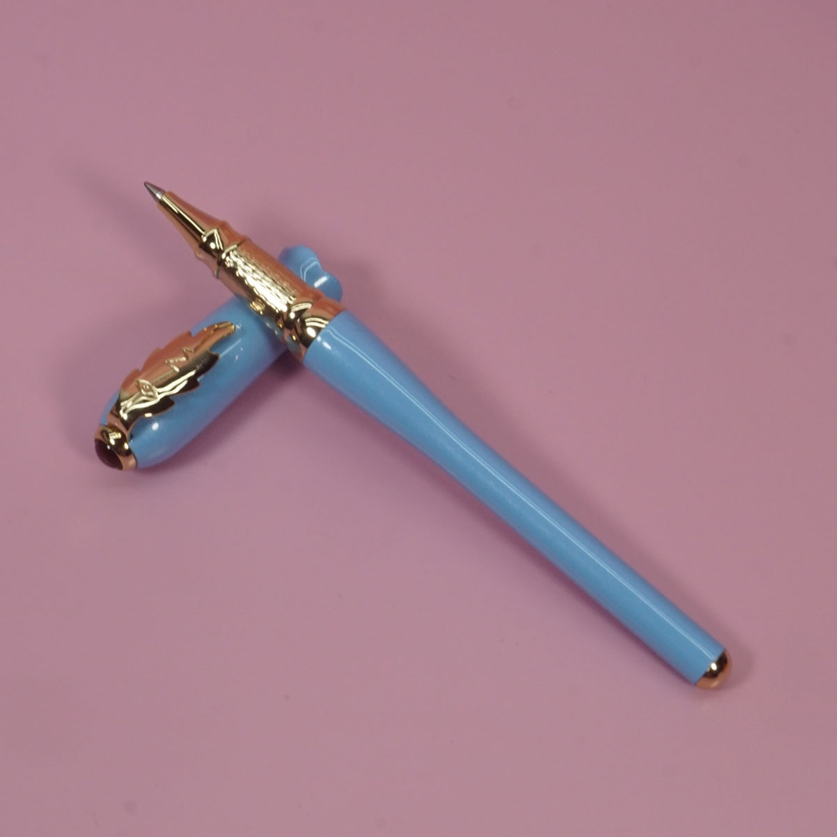 Pimio 986 Glossy Blue Color Body And Gold Leaf Clip Designed Shape Blooming Flower Cap Fine Tip Roller Ball Pen SKU 28390