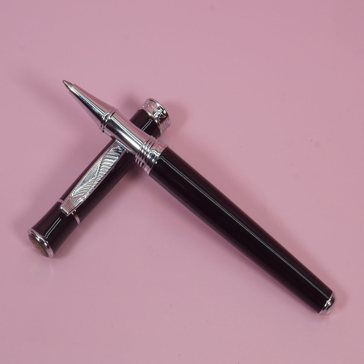 Pimio 607 Glossy Black Color Body With Silver Designed Clip Fine Tip Roller Ball Pen SKU 28393