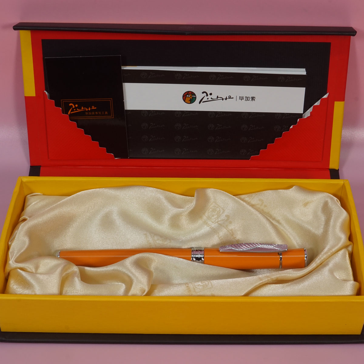 Pimio 607 Glossy Orange Color Body With Silver Designed Clip Fine Tip Roller Ball Pen SKU 28394