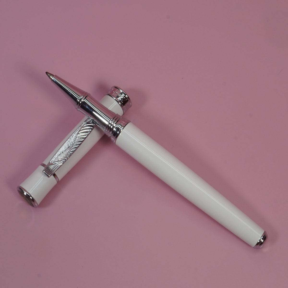 Pimio 607 Glossy White Color Body With Silver Designed Clip Fine Tip Roller Ball Pen SKU 28395