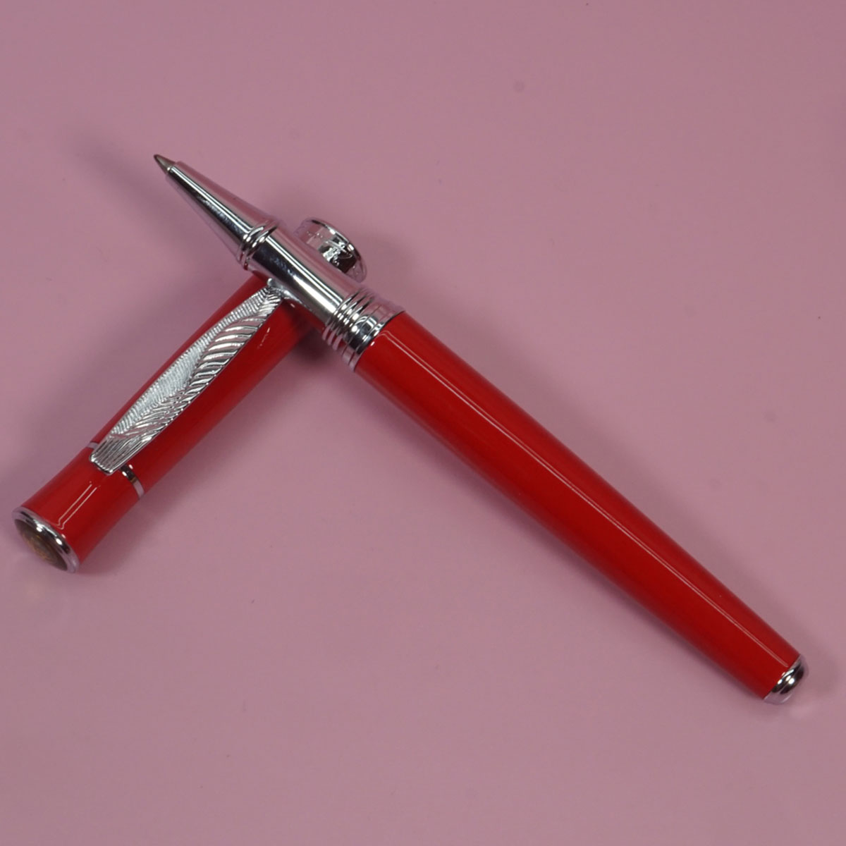 Pimio 607 Glossy Red Color Body With Silver Designed Clip Fine Tip Cap Type Roller Ball Pen SKU 28396
