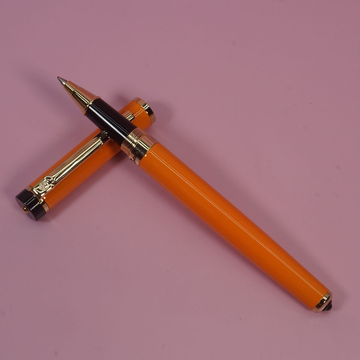 Pimio 908 Glossy Orange Color Body With Gold Clip And Tip Fine Tip Cap Type Roller Ball Pen  SKU 28397