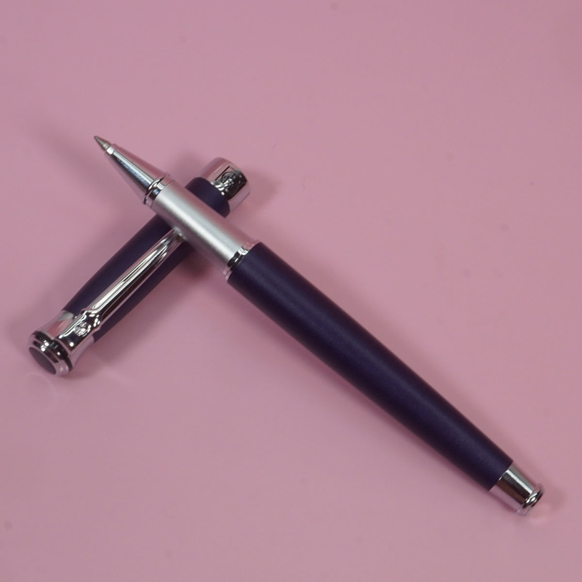 Pimio 903 Matte Blue Color Body With Silver Clip And Trim Fine Tip Cap Type Roller Ball Pen SKU 28400