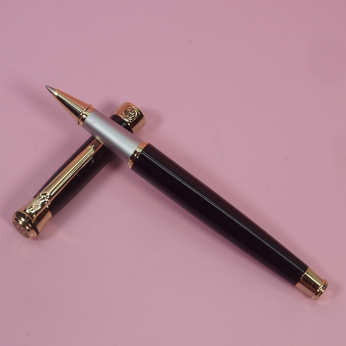 Pimio 903 Glossy Black Color Body With Silver Clip And Trim Fine Tip Cap Type Roller Ball Pen SKU 28401