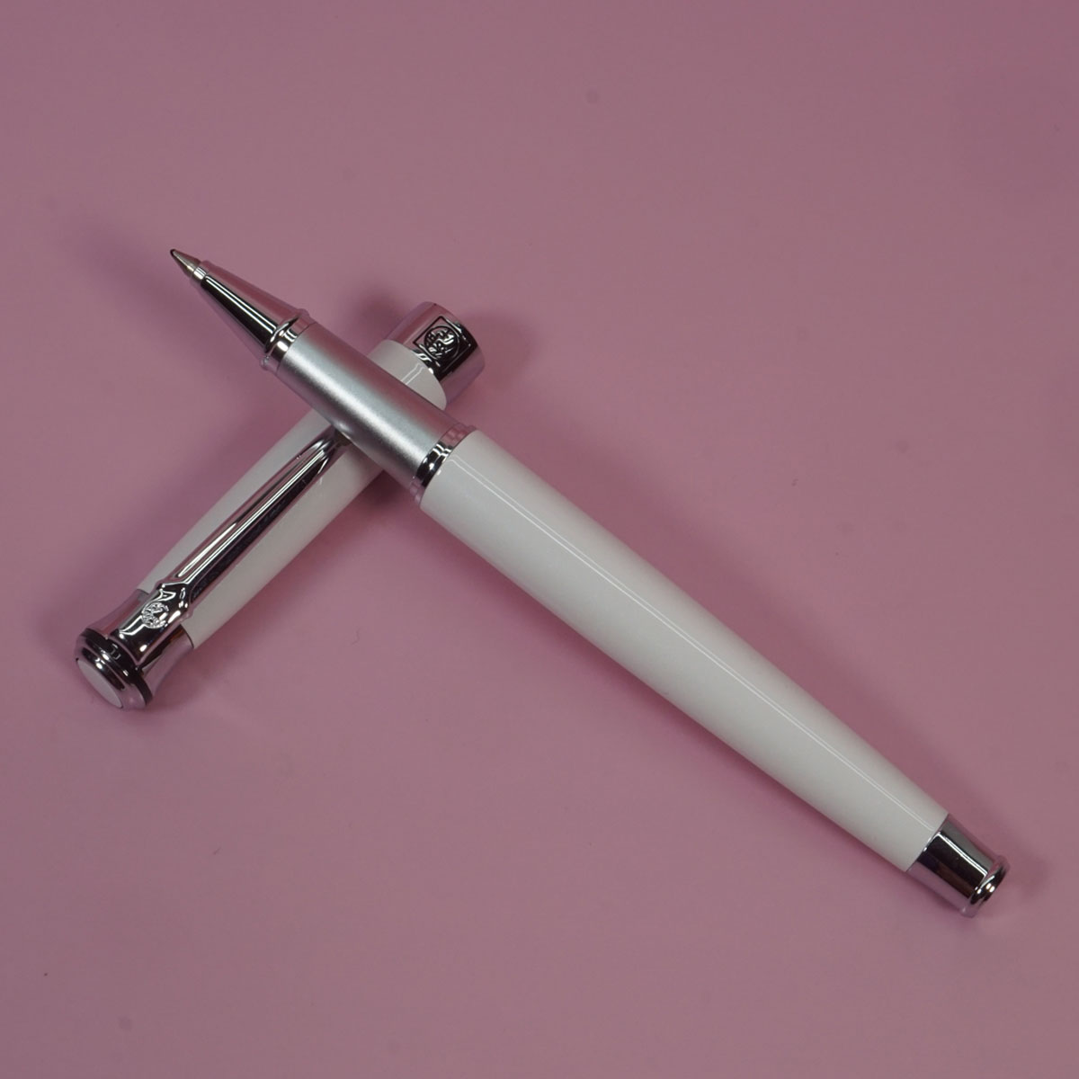 Pimio 903 Glossy White Color Body With Silver Clip And Trim Fine Tip Cap Type Roller Ball Pen SKU 28403