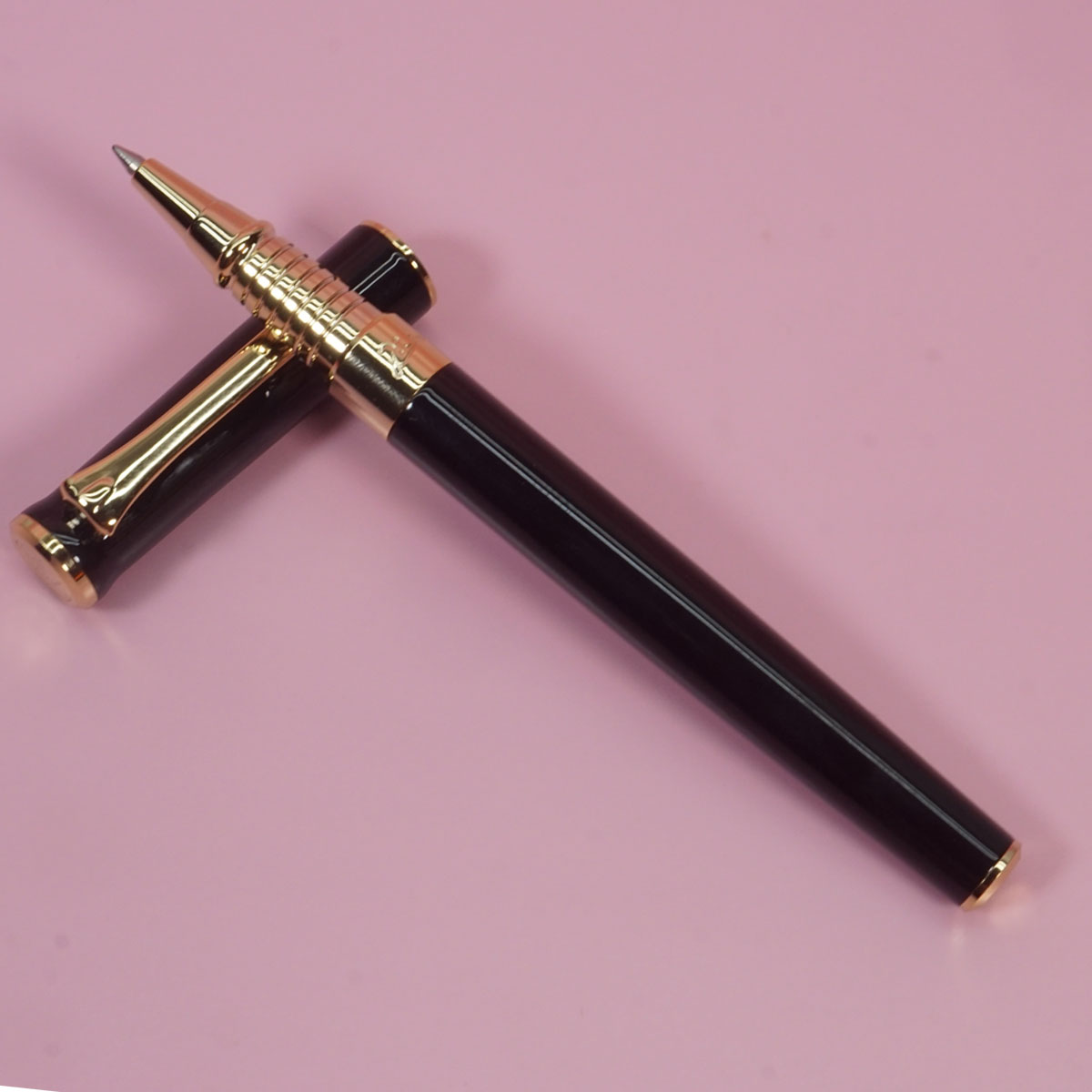 Pimio 988 Glossy Black Color Body With Gold Clip And Trim Fine Tip Cap Type Roller Ball Pen SKU 28407