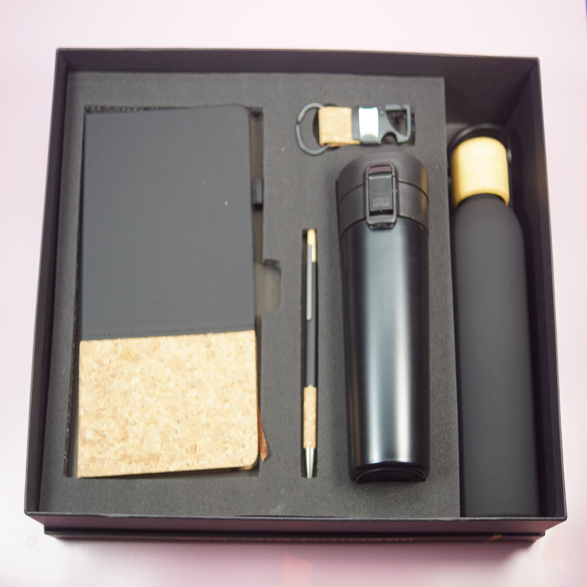 penhouse.in Matte Black and wooden Color Dairy with Keychain Click Type Ball Pen with Black Color Push Button Flask and 500ML Black Color Body Wooden Cap Flask 5 in 1 Gift Set SKU 28449