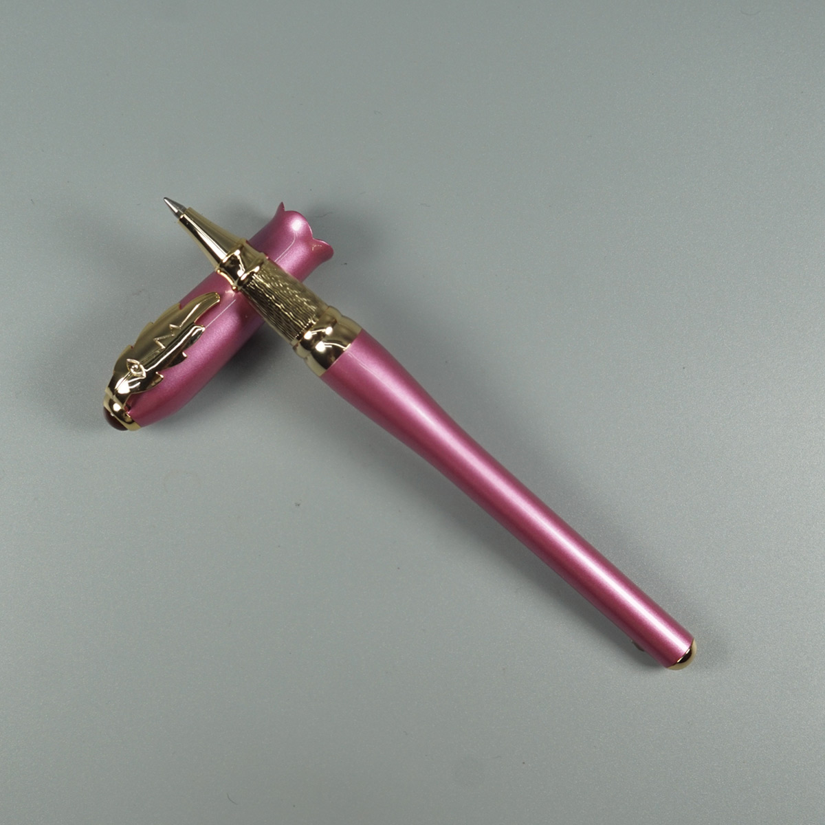 Pimio 986 Glossy Violet Color Body And Gold Leaf Clip Designed Shape Blooming Flower Cap Fine Tip Roller Ball Pen SKU 28455