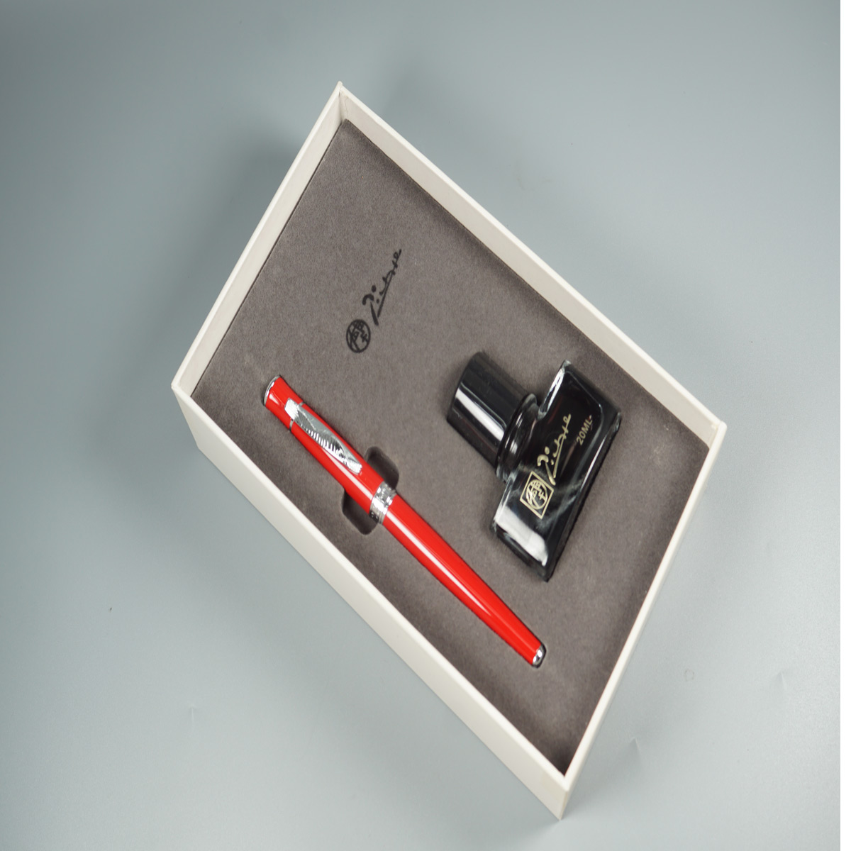 Pimio 607 Glossy Red Color Body and Cap with silver Clip and Grip Fine Nib Converter Type Fountain Pen with 20ML Ink Bottle  SKU 28486