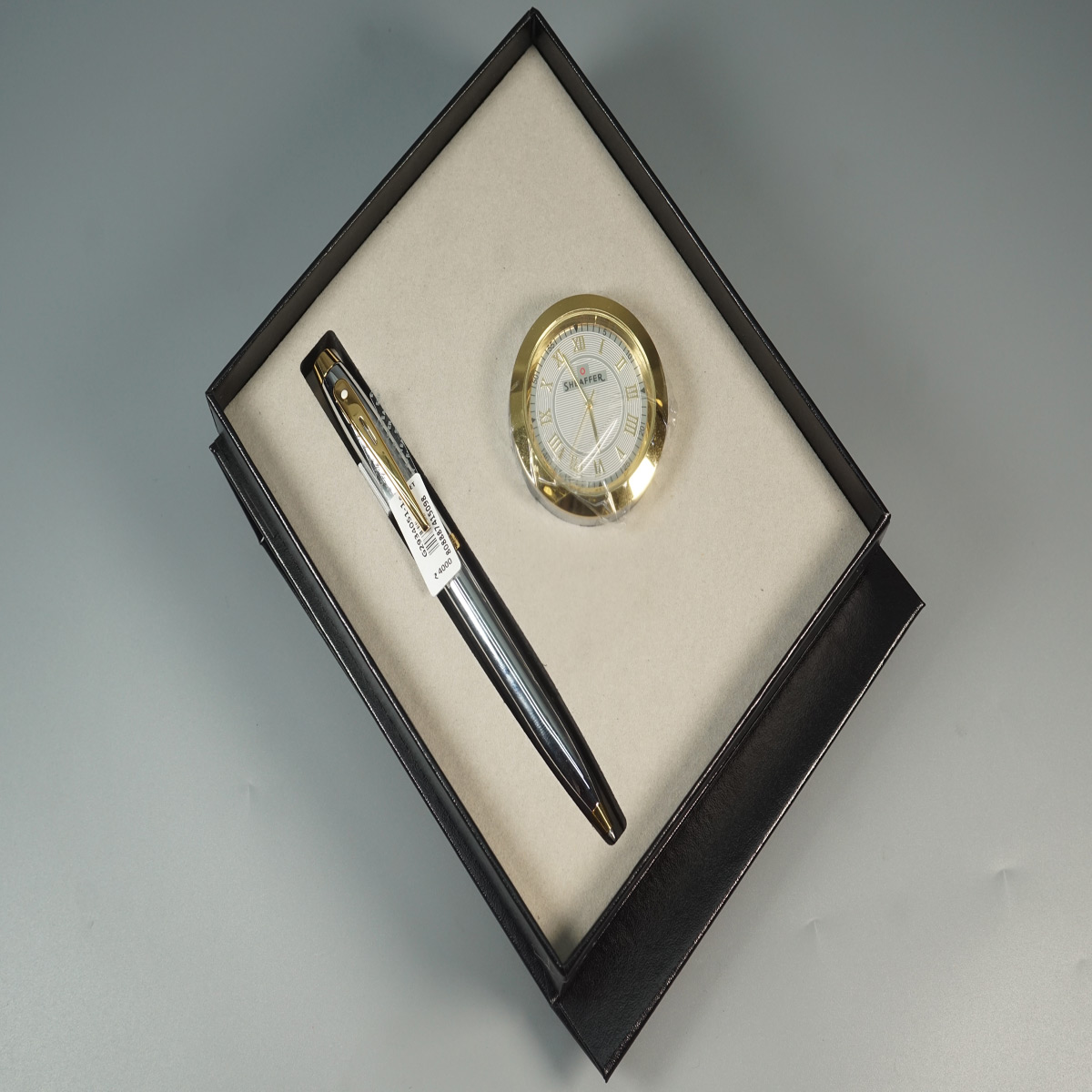 Sheaffer 100 G9340 Bright Chrome Body with Gold Clip Twist Type Ball Pen With gold Plated Table Clock SKU 28643