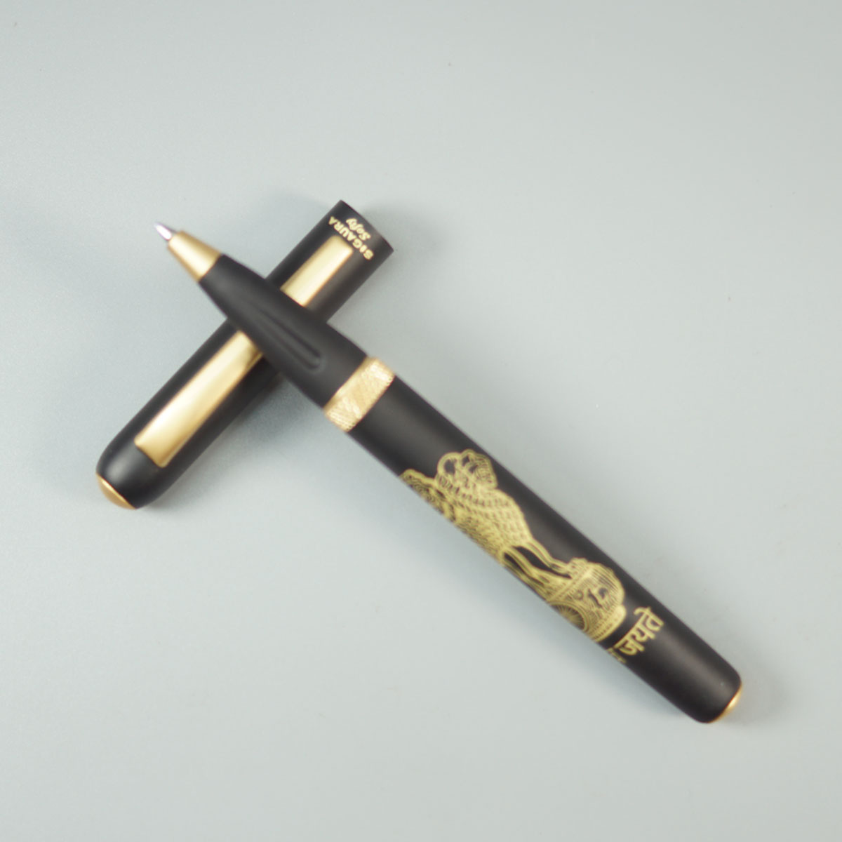 penhouse.in Sigaura Matte Black Color Body With Gold Clip And Asoka Symbol Magnetic Type Roller Ball Pen SKU 28660