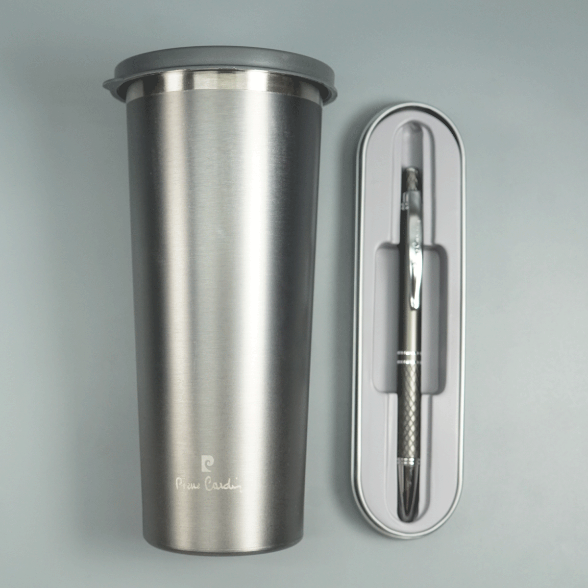 Pierre Cardin Travel Stainless Steel Tumbler 600ML Grey Color and Civic Grey Color Retractable Ball Pen  SKU 28743