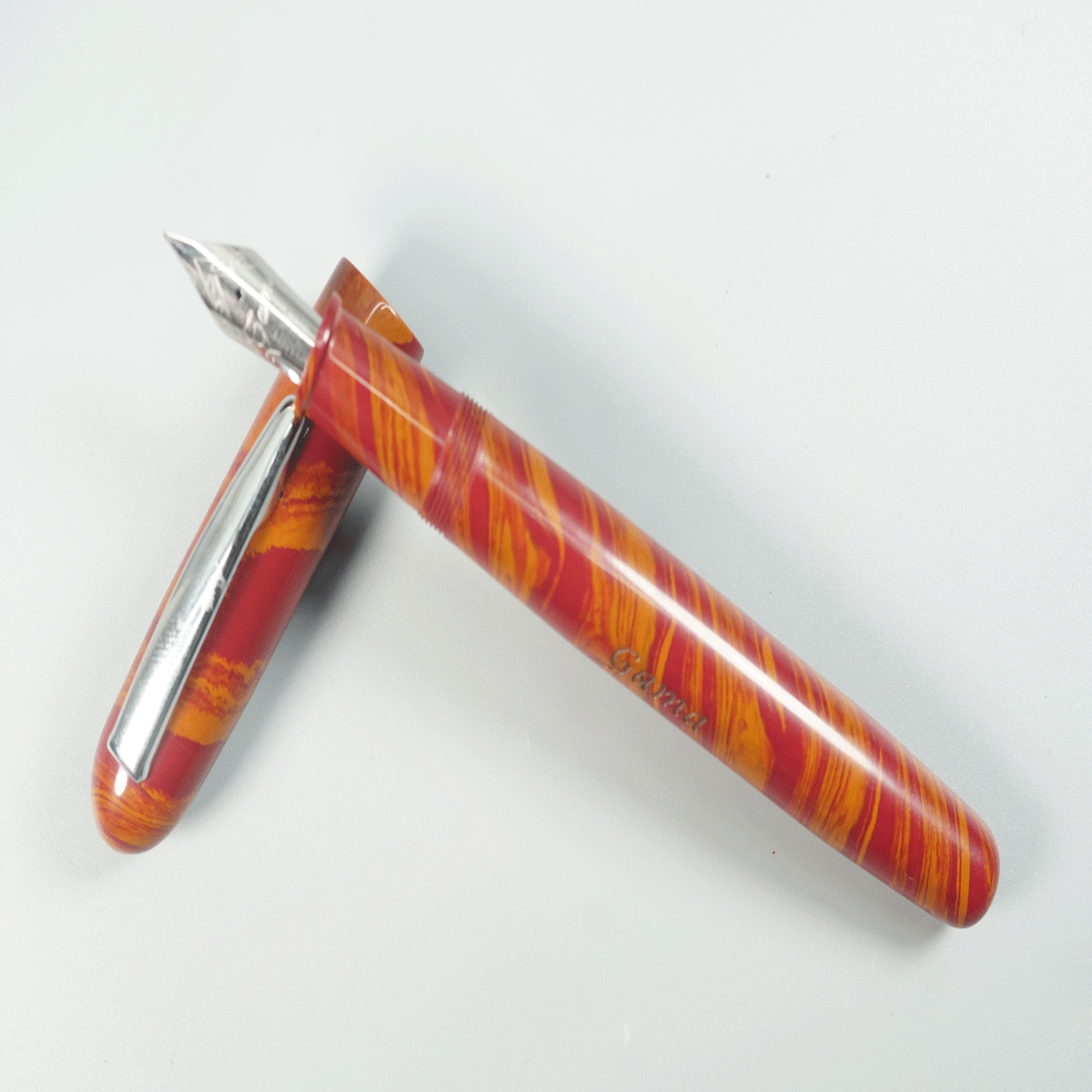 Gama Eyas-Handmade Ebonite Red and Orange Color Body and Cap with Silver Clip No.35 Fine Nib Eyedropper Model Fountain Pen SKU 28922