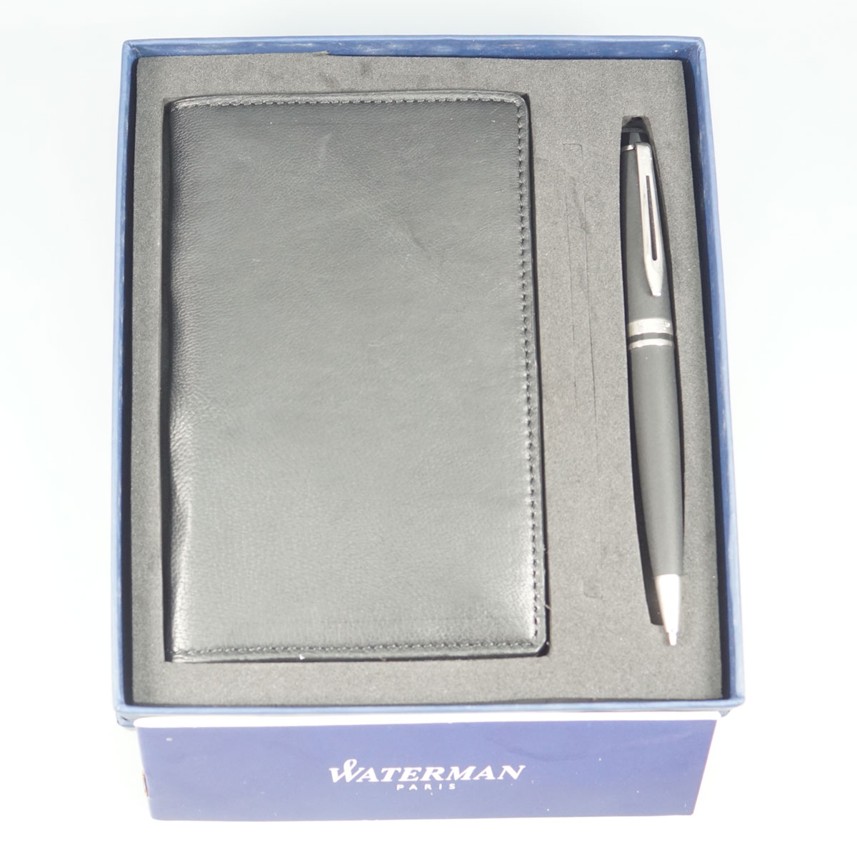 Waterman  Matte Black Color Body With Silver Clip Twist Type Ball Pen & Passport Holder Gift Set  SKU 28931