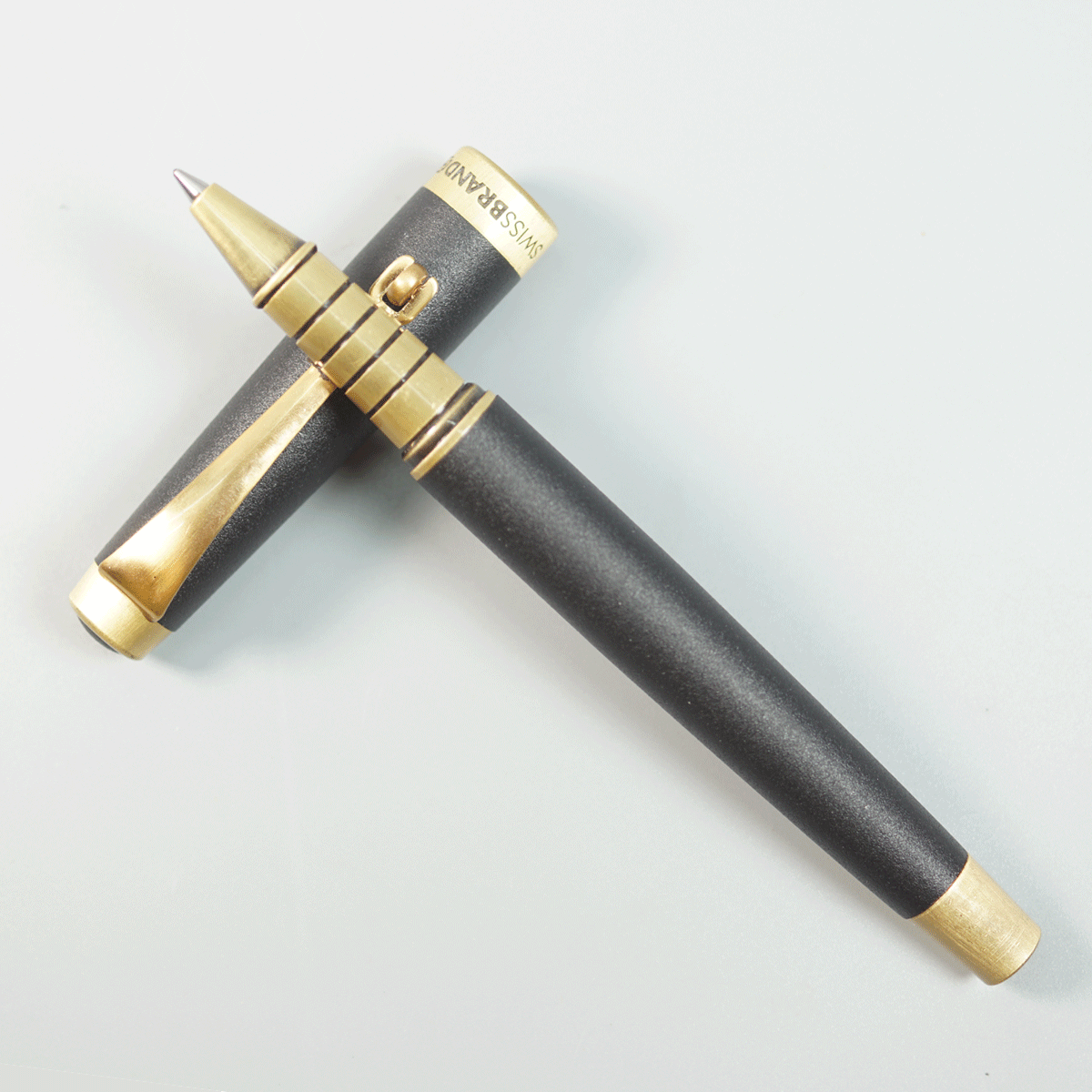 Swiss Brand 2519 Matte Black Color Body And Gold Color Clip Medium Tip Cap Type Roller Ball Pen SKU 29041