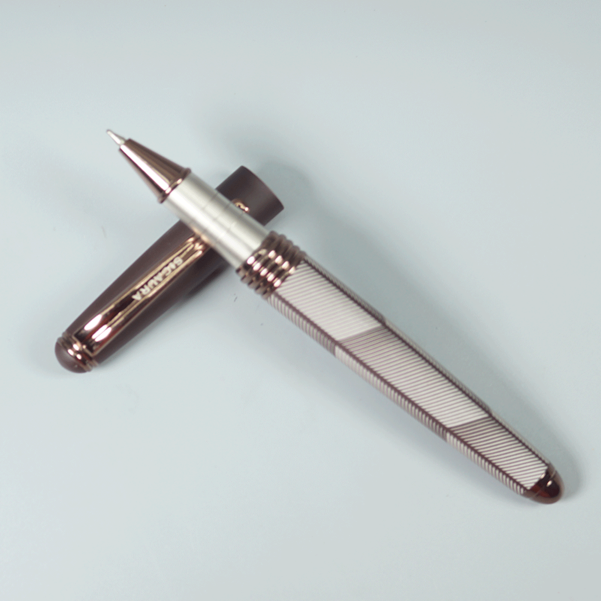 Sigaura Steller Coffee Brown  Color And Brown With White Line Brown Clip Cap Type And Ball Pen SKU 29093
