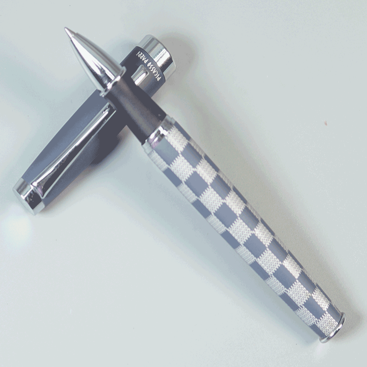 Picasso Parri Checkers Matte Grey Color Body With Black Grip And Matte Grey Cap With Silver Clip With Matte Type Roller Ball Pen SKU 29153