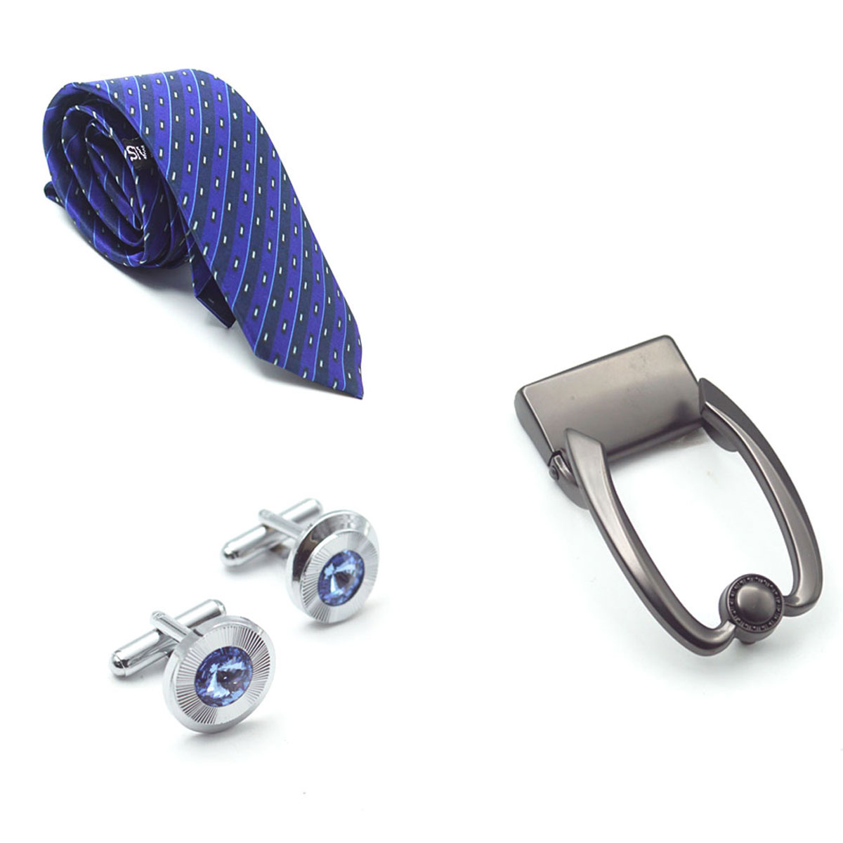 penhouse.in Premium Dark Blue Color Medium Mens Tie Silver With White Stone Cufflinks Gunmetal Finish Belt Buckle SKU 51761
