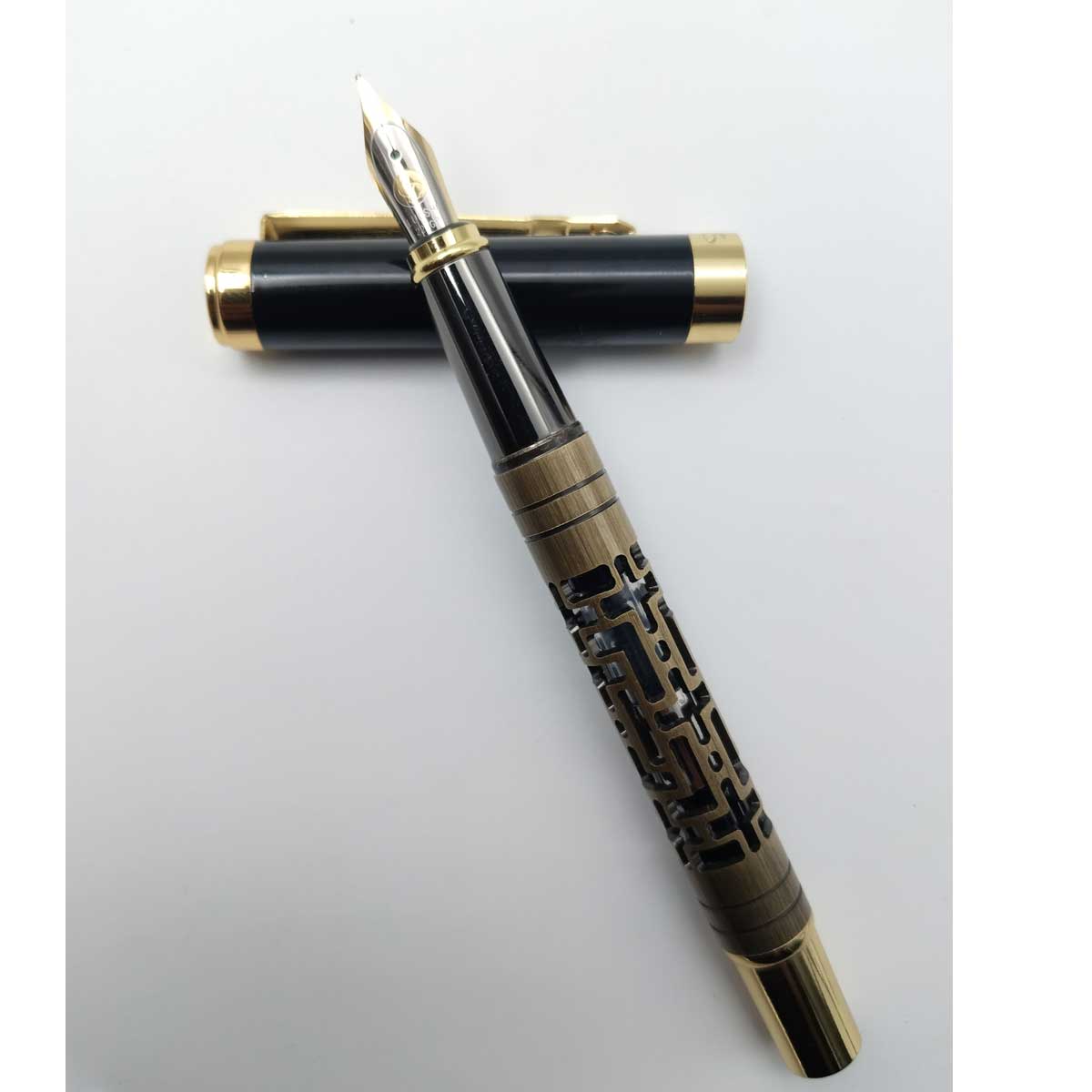 Luoshi 3108 Golden Laser Engraved Cut Design Barrel Fine Nib Gold Clip And Trim Black Color Cap Grey Grip Converter Type Fountain Pen  SKU 25064