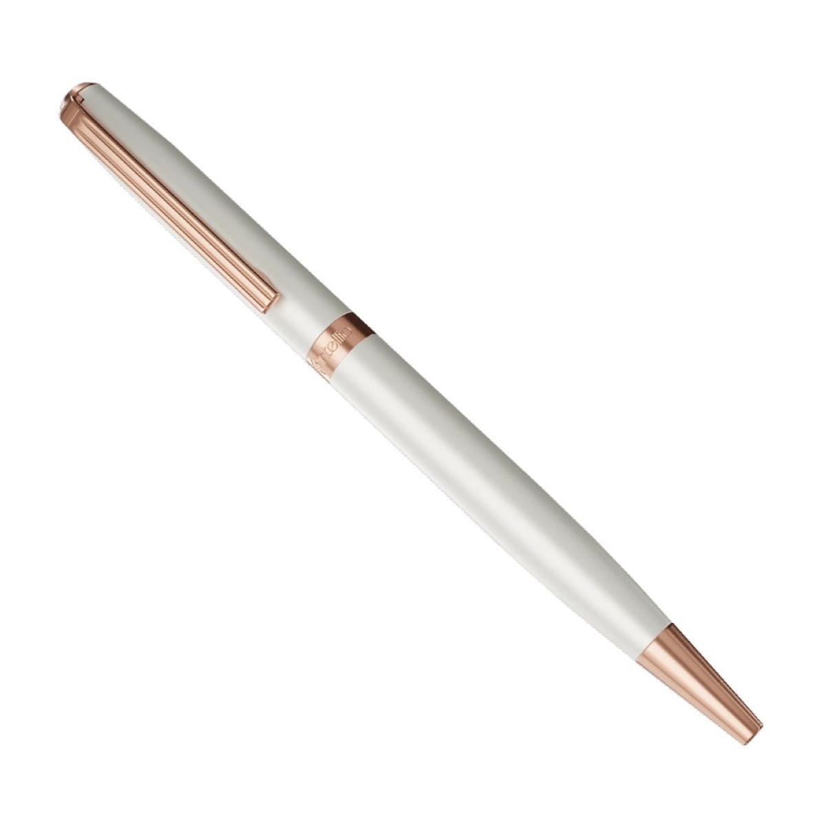Intellio Rhein Model White Chrome Body With Rose Gold Trim And Clip Brass Material Medium Tip Smooth Twist Type Ball Pen SKU 27077