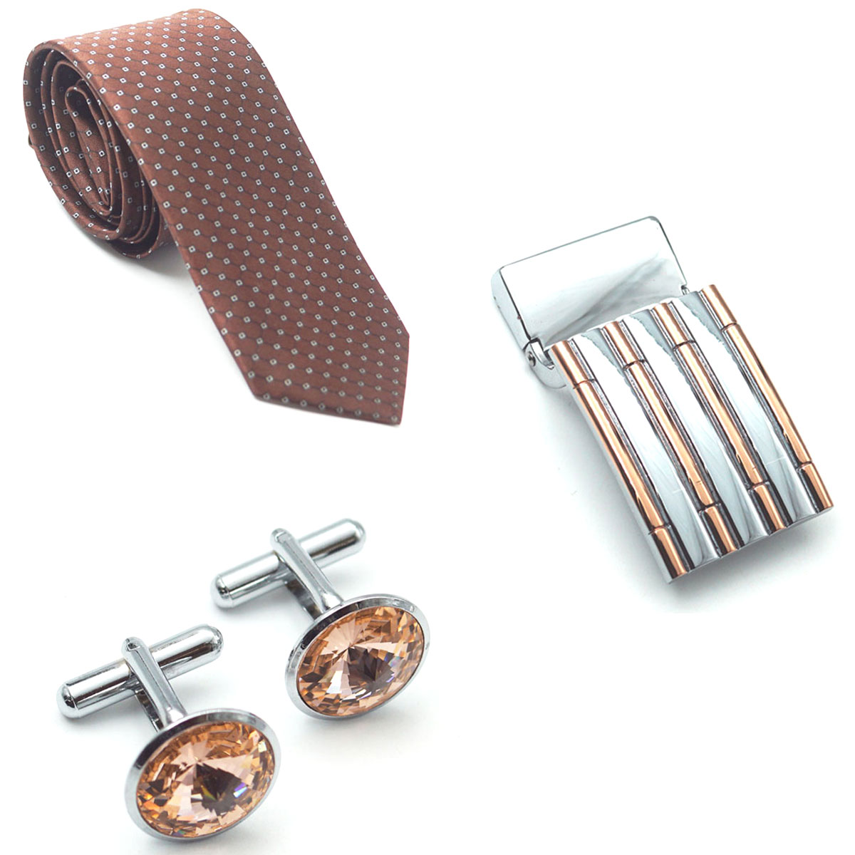penhouse.in Premium Printed Brown Color Medium Mens Tie Silver With Peach Color Diamond Stone Cufflinks Copper With Silver Color Belt Buckle SKU 51764