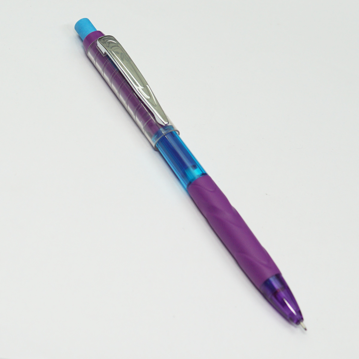 Pentel Q-Erase QE427 0.7mm Tip Violer Color Body With Jumbo Eraser Ribbed Grip Silver Clip Click Type Mechanical Pencil SKU 50075