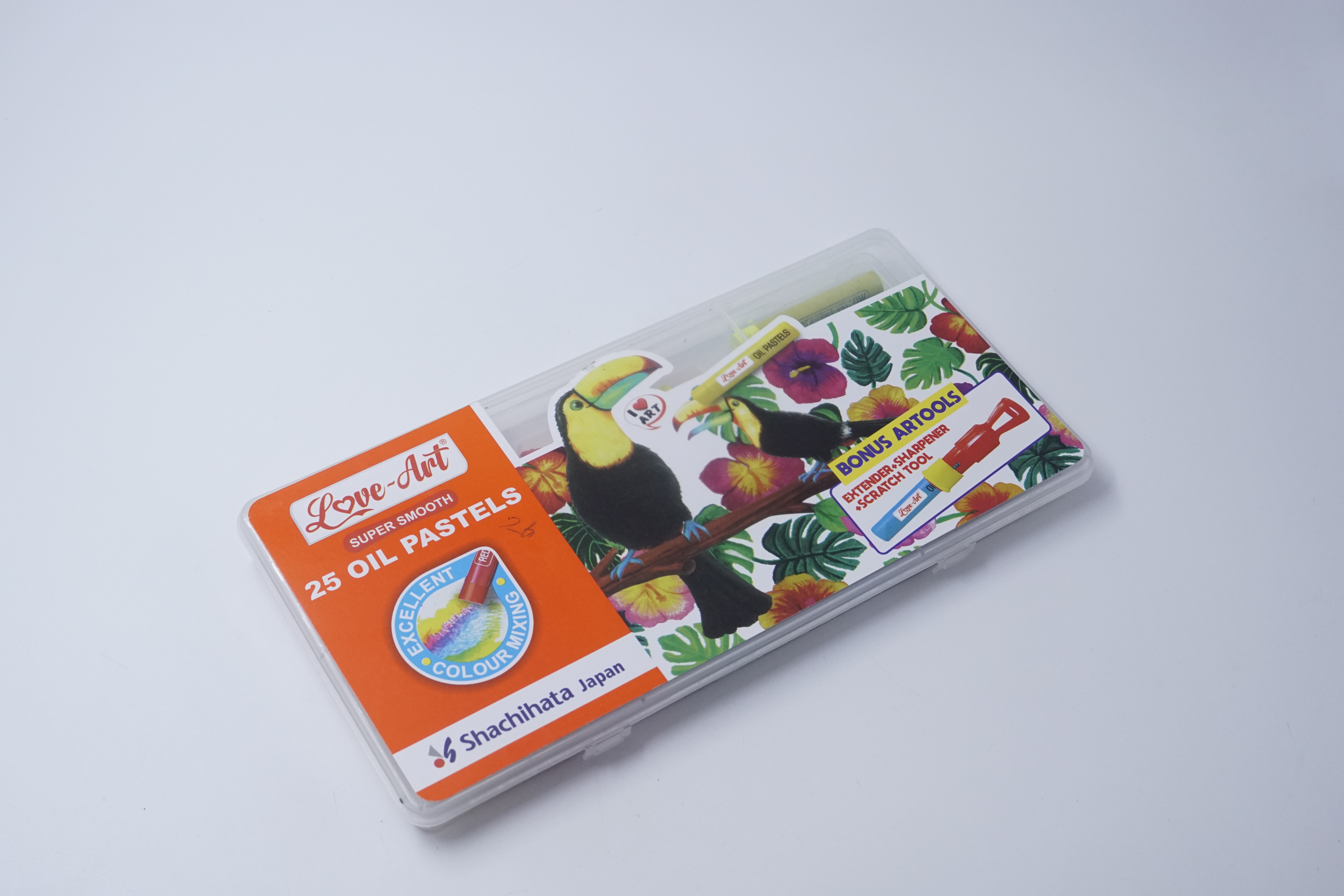 Artline Oil pastels 25 Shades Super Smooth and easy to apply ideal for color mixing, Tinting. Itinting Shading And Creatring texture Extenderr +Sharpener + Scaratch tool Plastic box SKU 50351