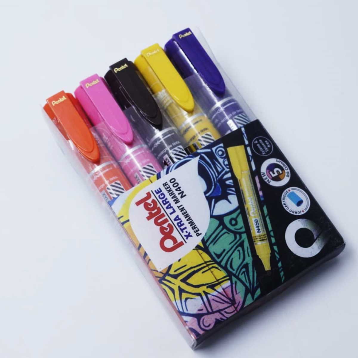 Pentel N400 Xtra Large Permanent Marker 5Pcs Clear lines And long writing distance quick dry Orange, Pink, Black, yellow, Dark blue SKU 50484