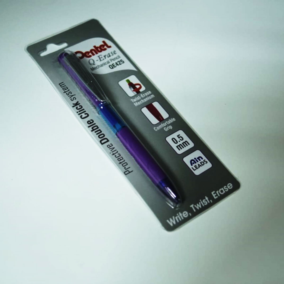 Pentel Q-eraser 0.5mm Tip Violet Color Body With Jumbo Eraser Ribbed Grip Click type Mechanical Pencil SKU 50488