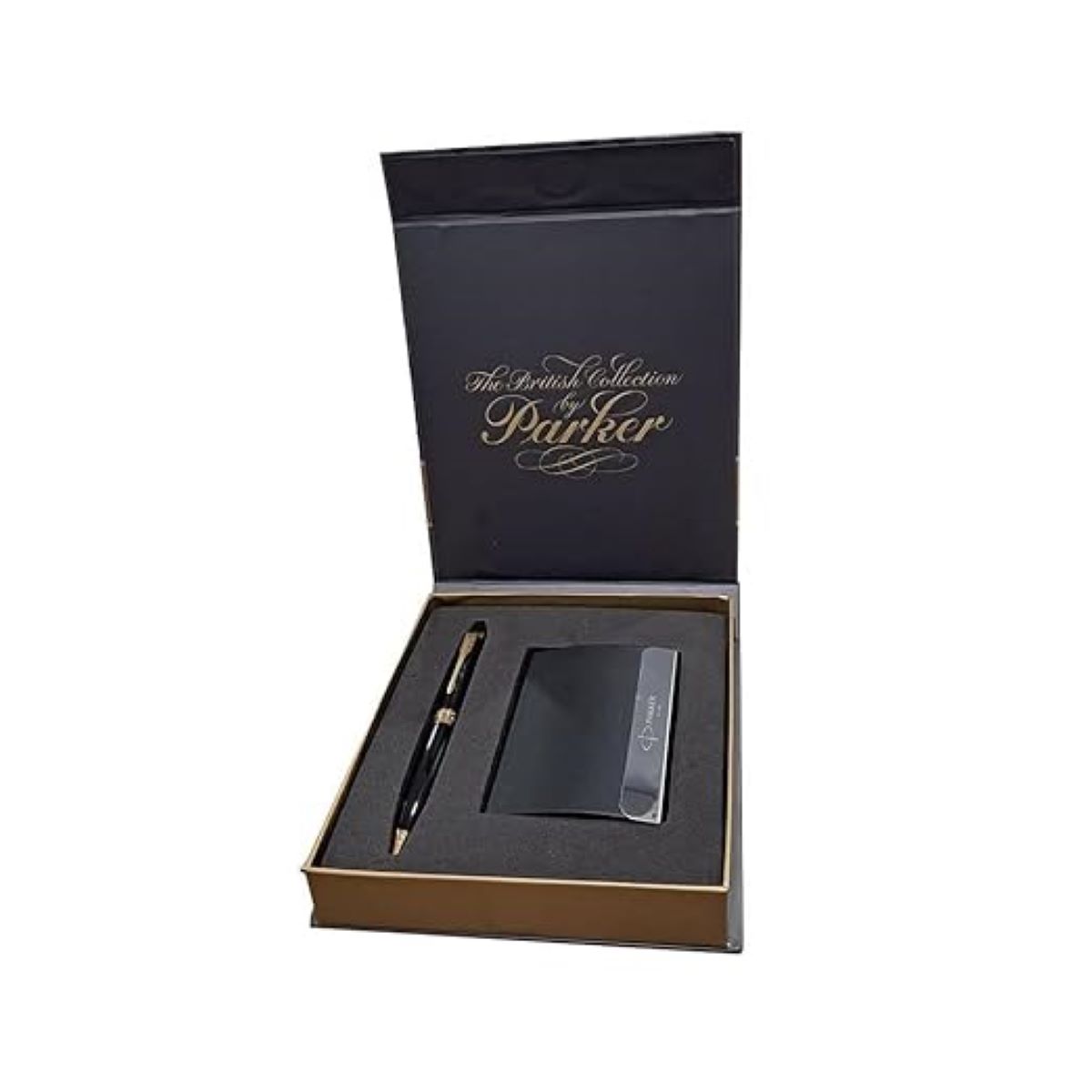 Parker Aster Model: 16284 Lacque Black Color Body With Gold Clip Click Type Ball Pen - Gift With Card Holder