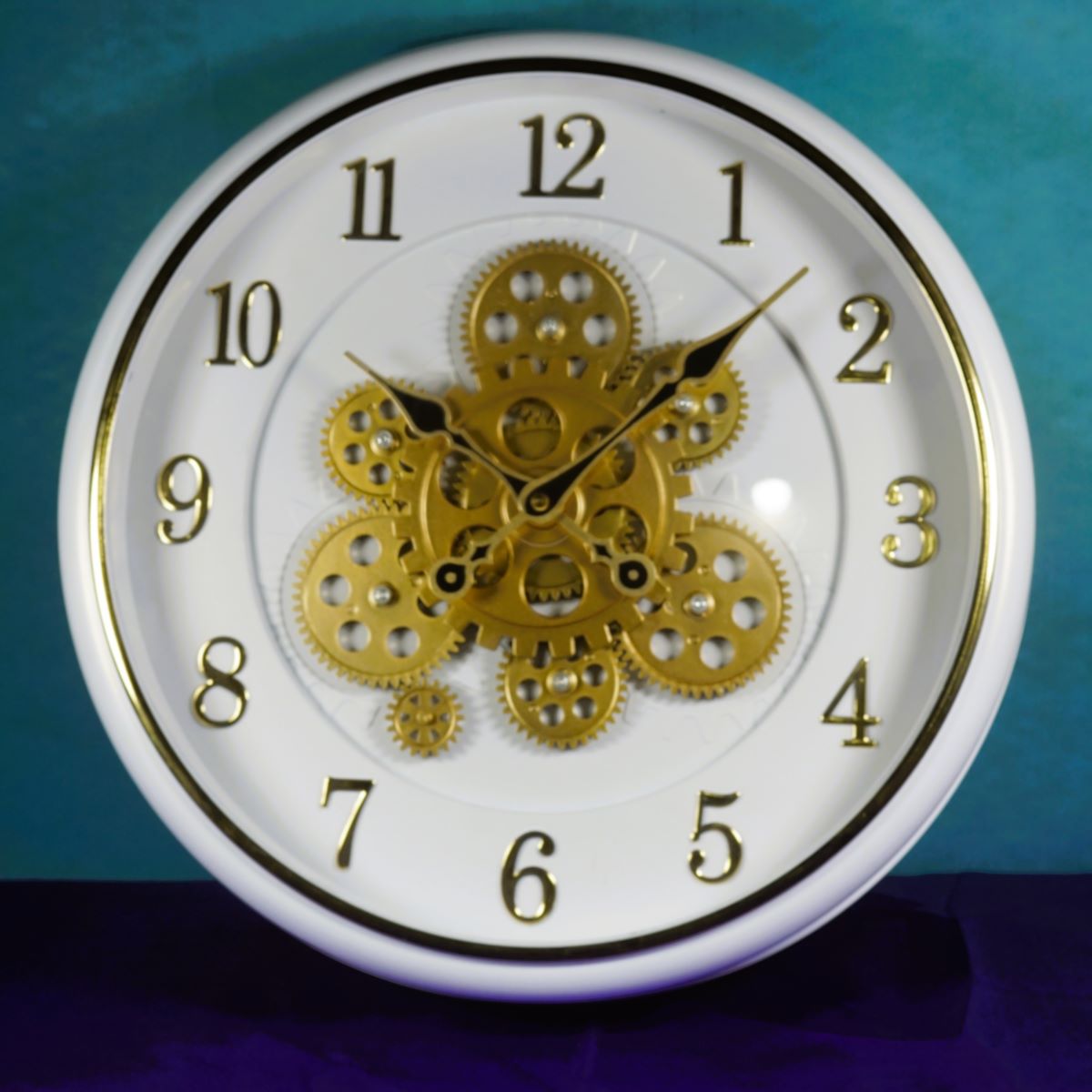 penhouse.in premium White And Golden Color With Moving Gears Interior Wall Clock SKU 51672