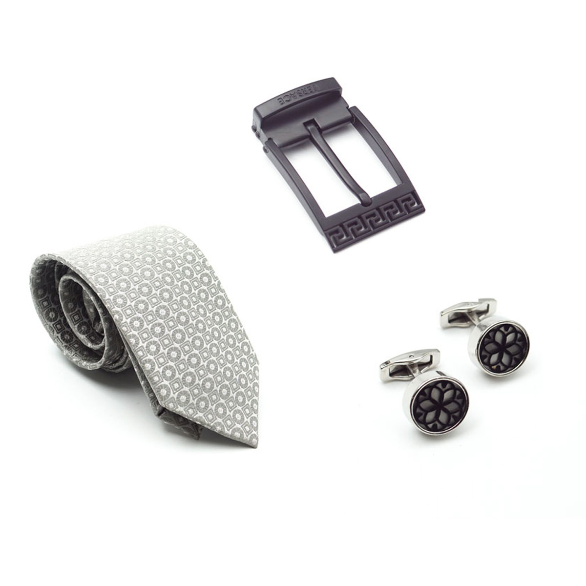 penhouse.in Premium Grey Color Medium Mens Tie Silver Color With Black Flower Design Cufflinks Matte Black Belt Buckle  SKU 51759