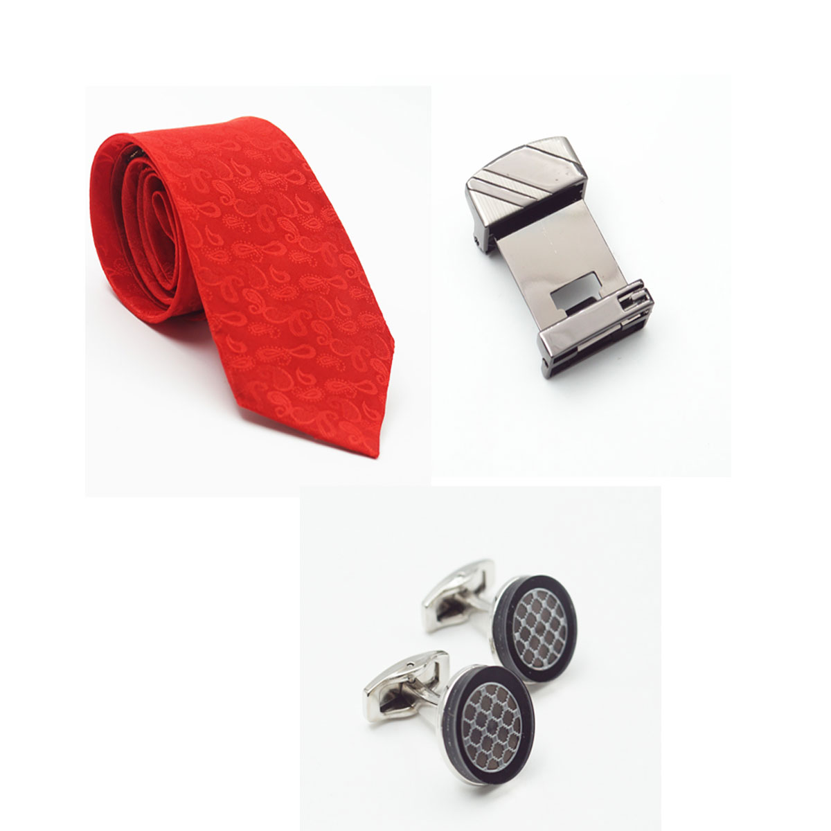 penhouse.in Premium Red Color Medium Mens Tie Silver Color With Black Cufflinks Ferragamo Gunmetal Finish Belt Buckle SKU 51760