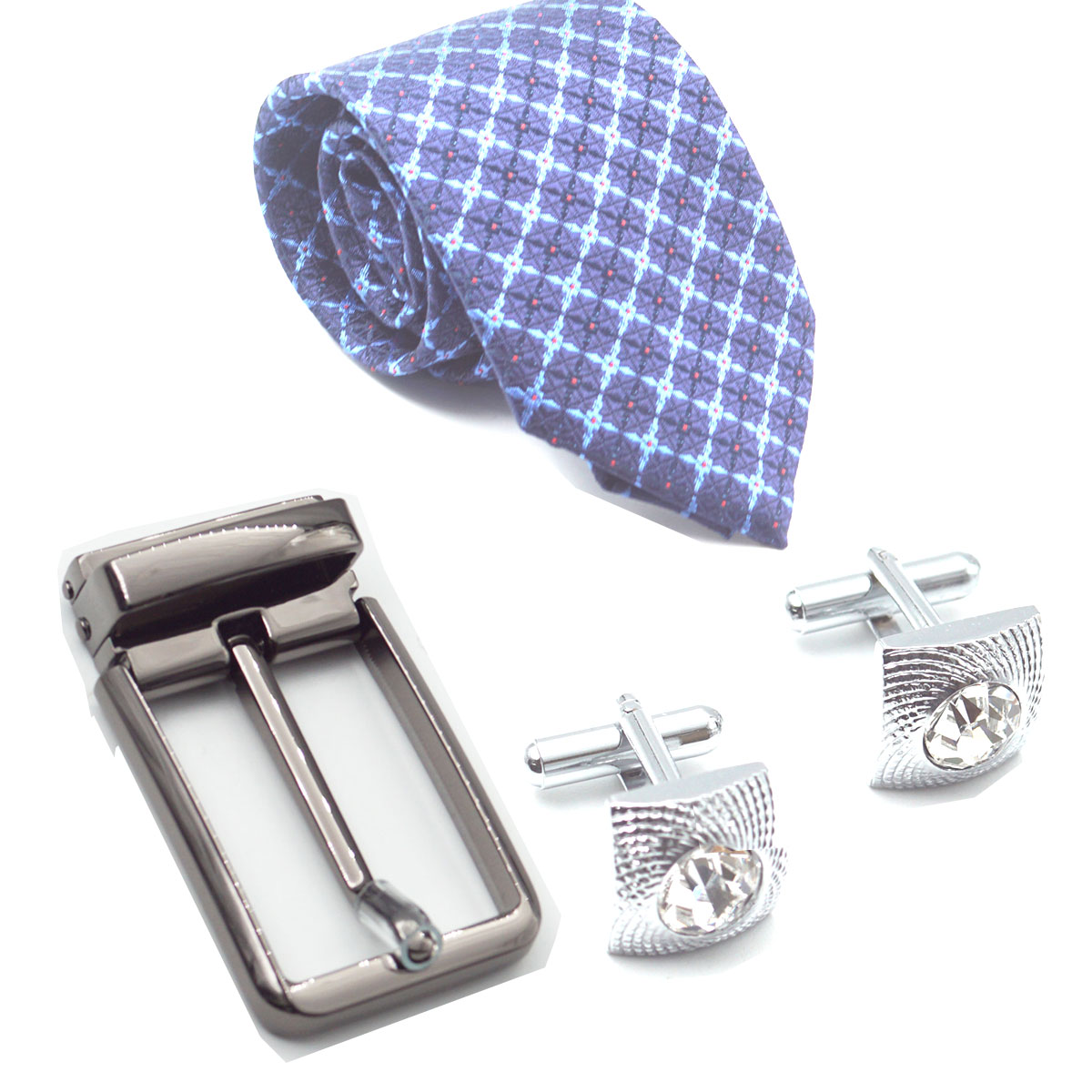 penhouse.in Premium Printed Royal Blue With Black Color Medium Mens Tie Silver With Stone Cufflinks Matte Grey Belt Buckle SKU 51762
