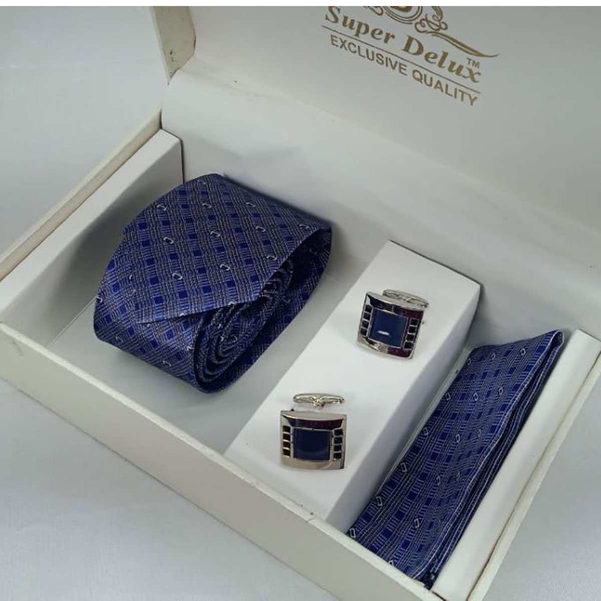 penhouse.in Premium Printed Dark Blue With Black Color Medium Mens Tie Blue With Black Cufflinks SKU 51770
