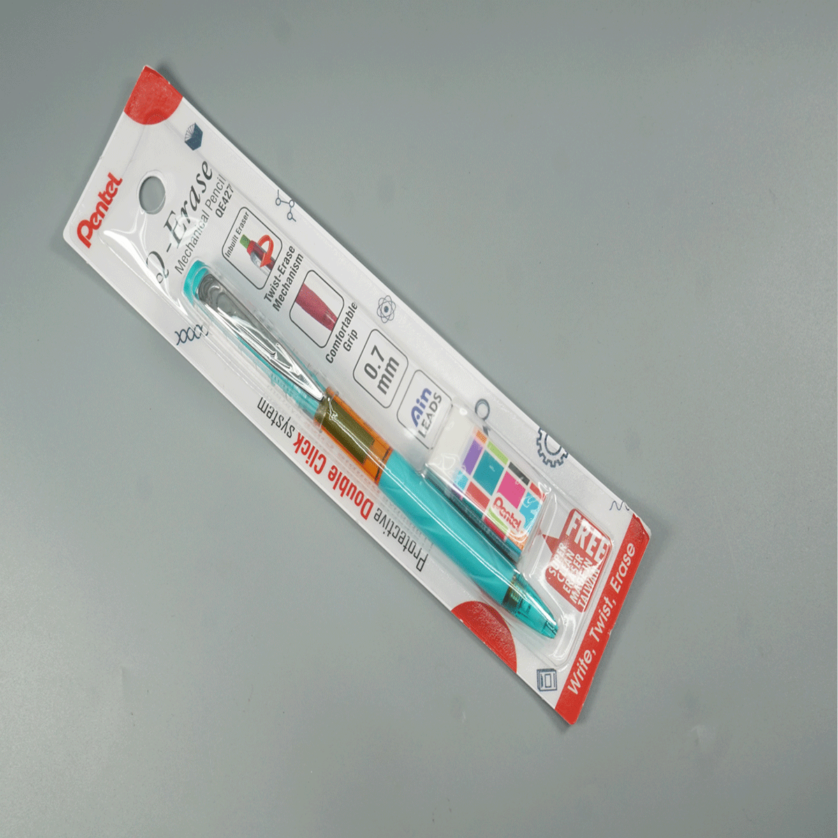 Pentel Q-Erase 0.7mm Sky Blue and Orange Color Body Click Type Mechanical Pencil 5B Eraser SKU 52001