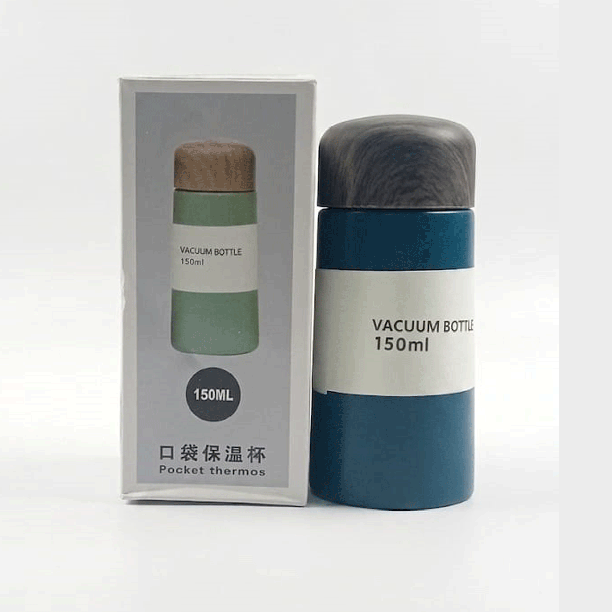 penhouse.in Stationeries Vacuum Teal Blue Color Body Mini Stainless Steel Wood Grain Cap Flask 150ml SKU 52390