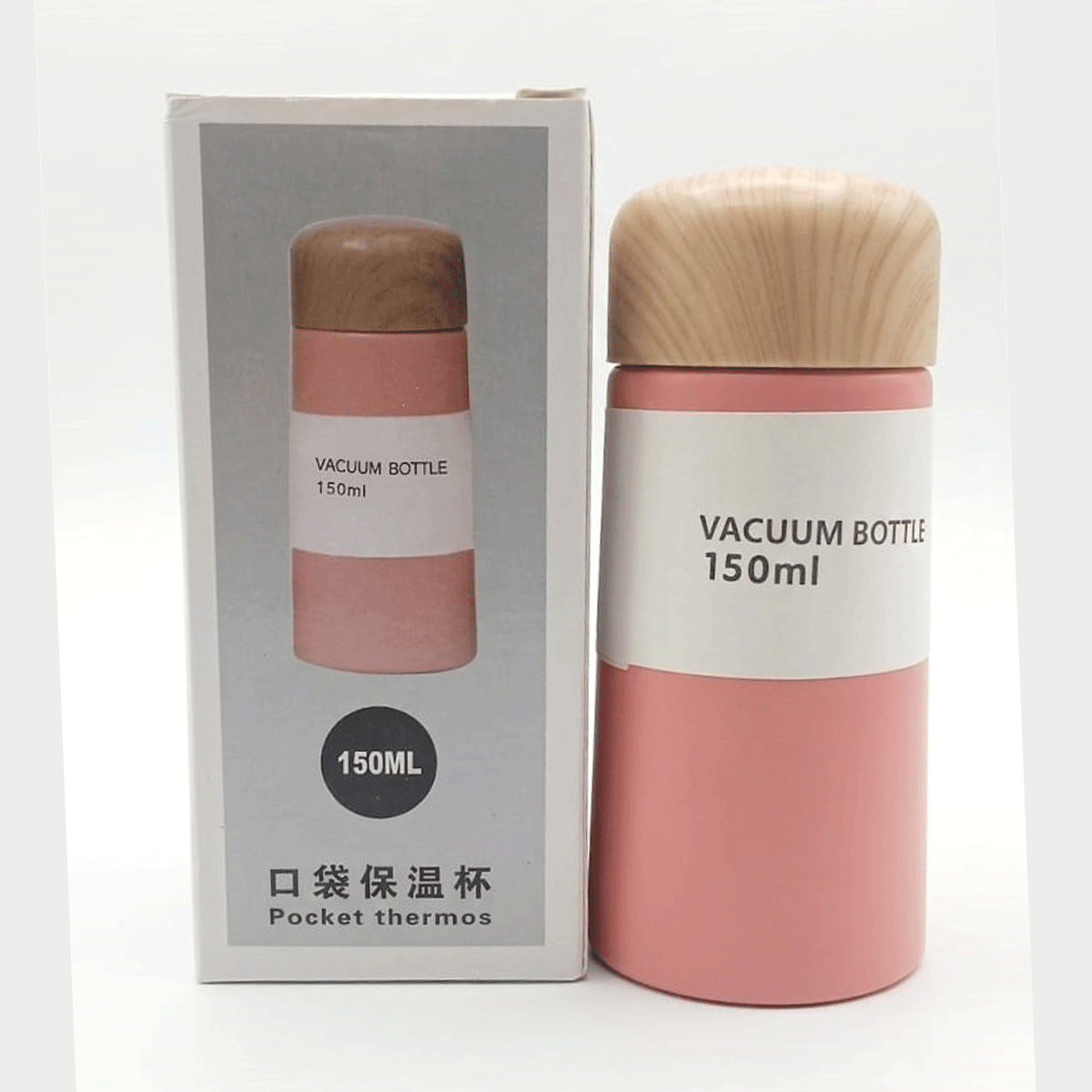 penhouse.in Stationeries Vacuum Light Pink Color Body Mini Stainless Steel Wood Sandal Color Cap Flask 150ml SKU 52398