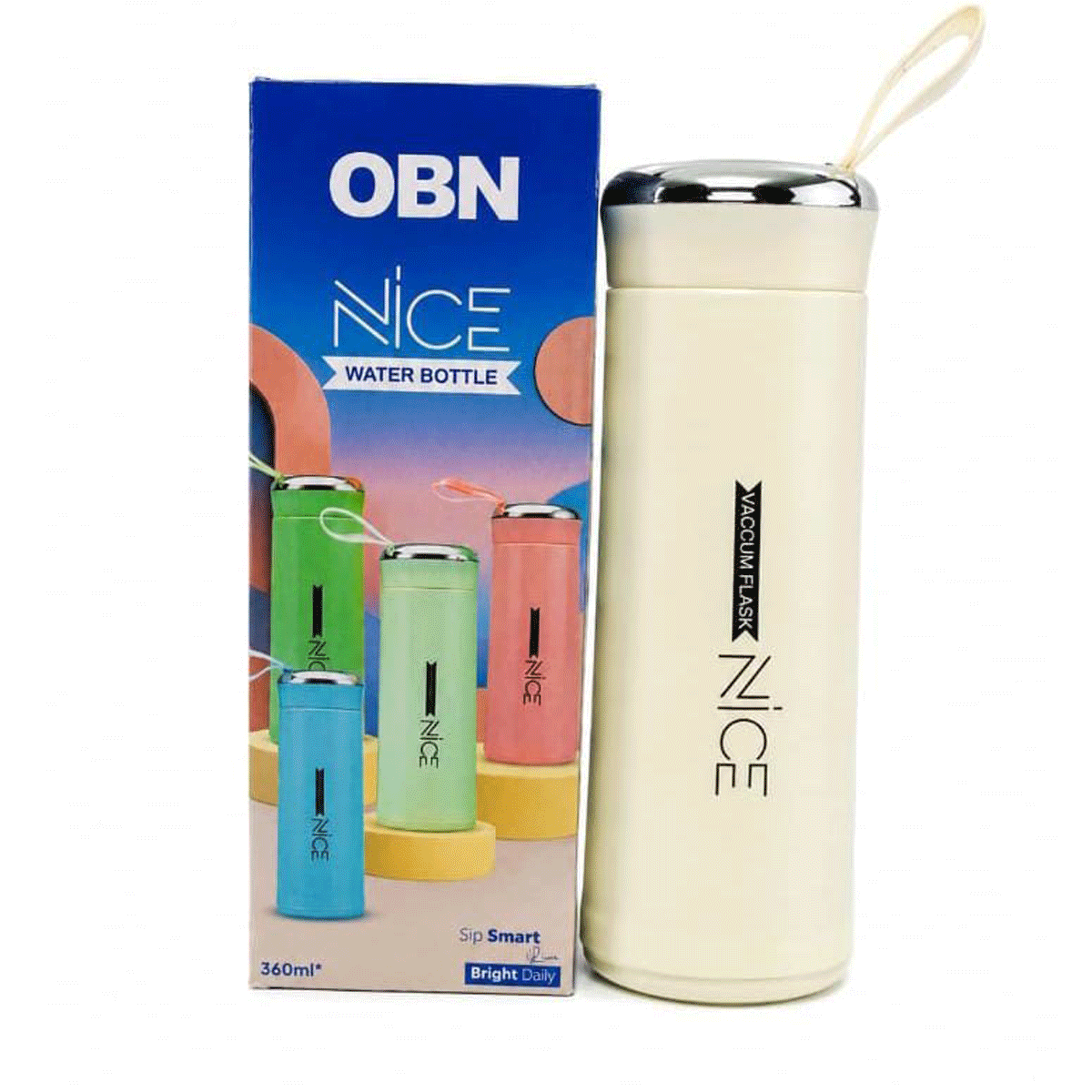 penhouse.in Stationeries OBN Nice Cream White Color Body And Glass Inner Water Bottle With Plastic Body 360ml SKU 52414