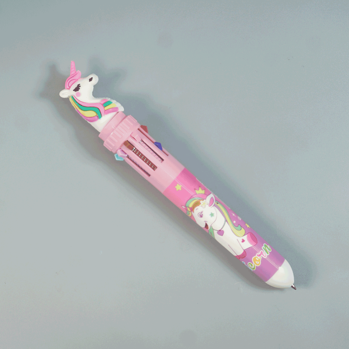 penhouse.in Pens Unicorn Pink Color Body Themed 10 in 1 Multi Color Pen Spring Type Ball Pen SKU 52101