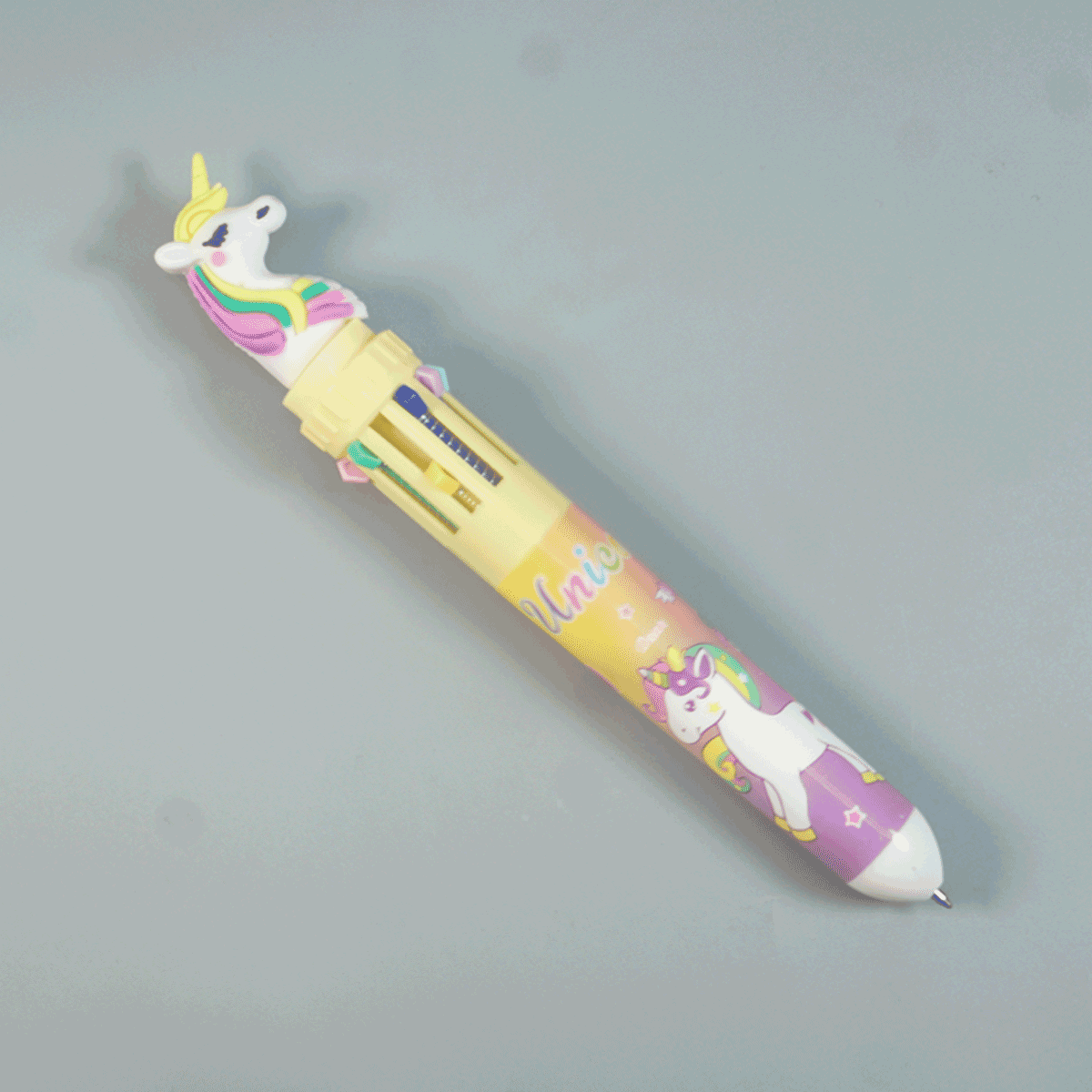 penhouse.in Pens Unicorn Yellow Color Body Themed 10 in 1 Multi Color Pen Spring Type Ball Pen SKU 52104
