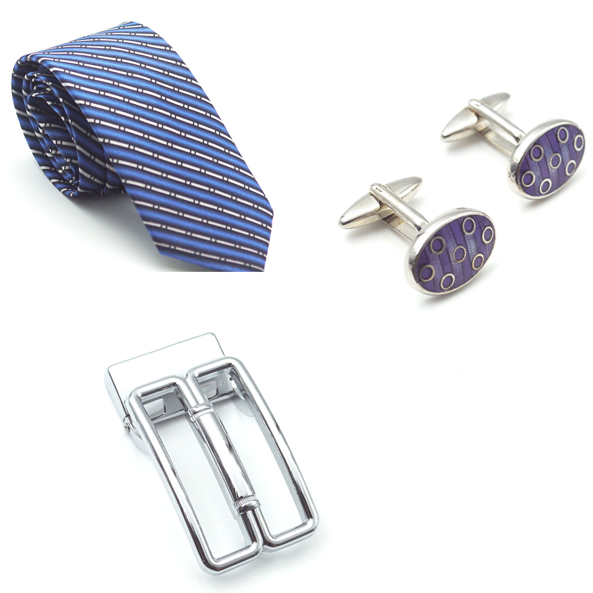 penhouse.in Premium Printed Blue With White Color Medium Mens Tie  Silver With Violet Cufflinks  Silver Belt Buckle SKU 51765